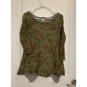 Madison & Lola Mesh Tunic Top Womens Medium Green Floral Striped Whimsigoth Boho